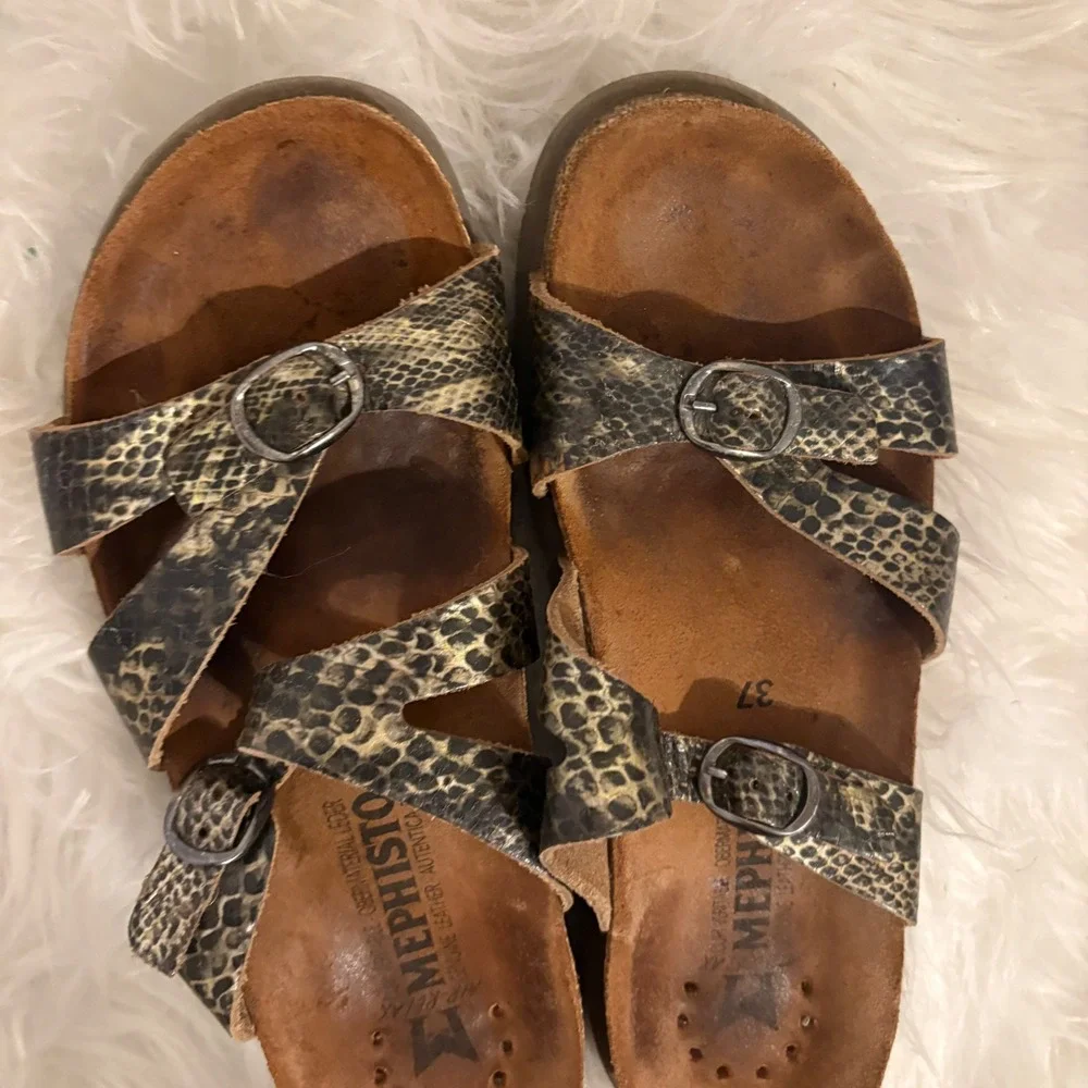 Mephisto Womens Helen Snakeskin Print Leather Buckle Slide Sandals Size 37 US 7